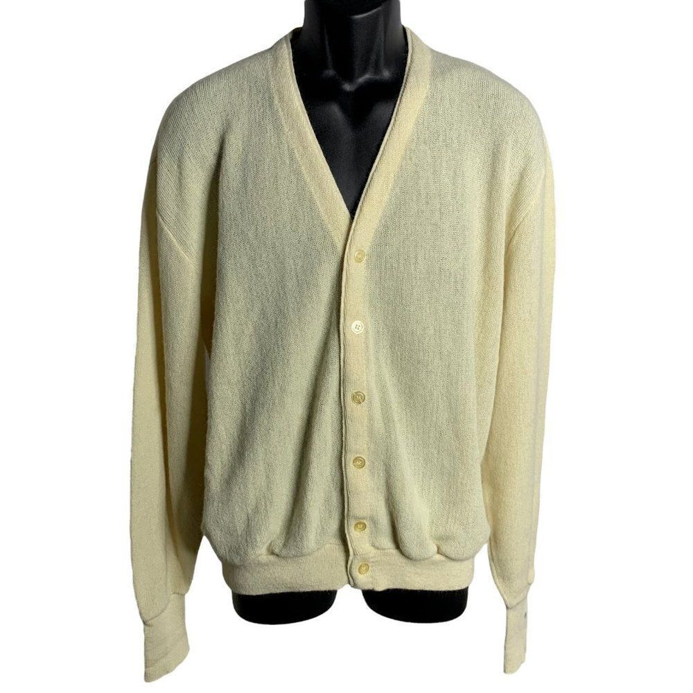 Vintage Mens Jantzen Cardigan Sweater L Cream Knit Wool Grandpa Hipster